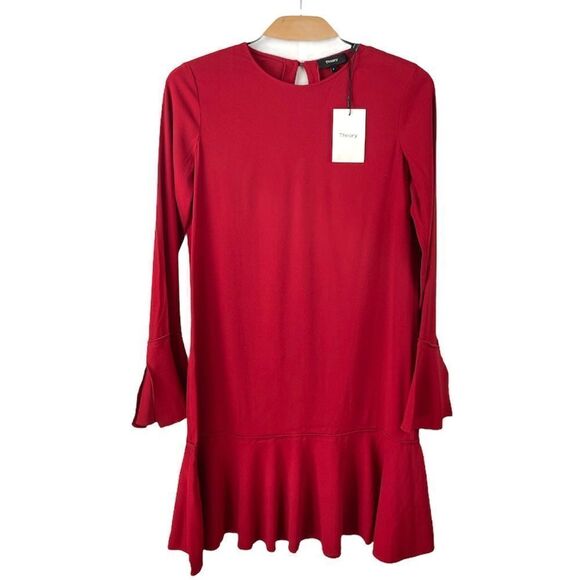 NEW Theory Marah Bergen Red Ruffle Trim Flounced Dress Size 4 - Picture 4 of 8
